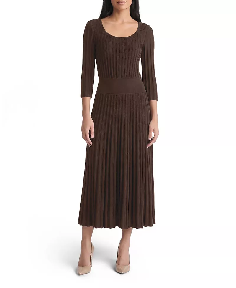 Ming Wang Linear Pointelle Tonal Knit Fit and Flare Midi Dress