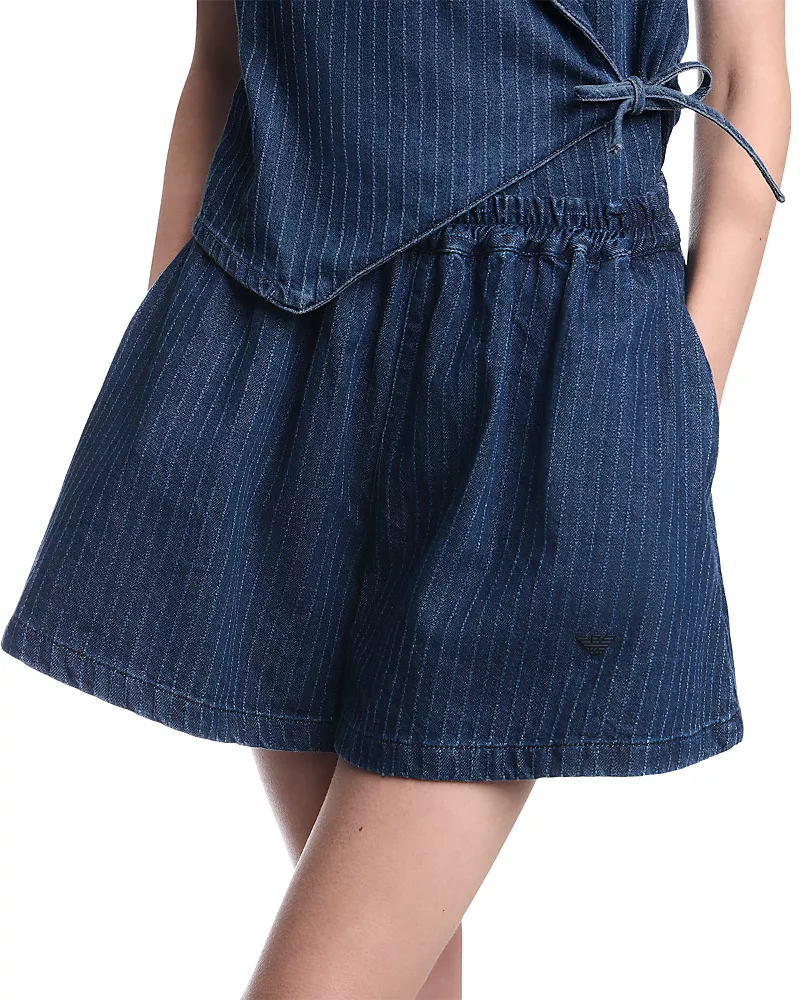 Emporio Armani Cotton Pinstriped Denim Shorts in Medium Blue Denim