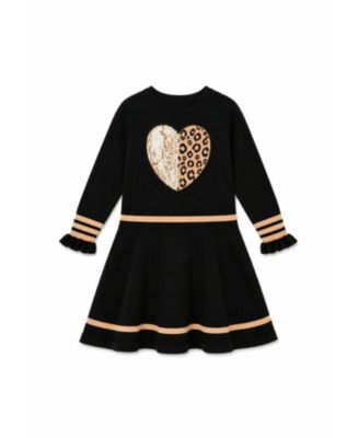  Girls' Heart Graphic Ruffle Cuff Pleated Knit Dress - Big Kid