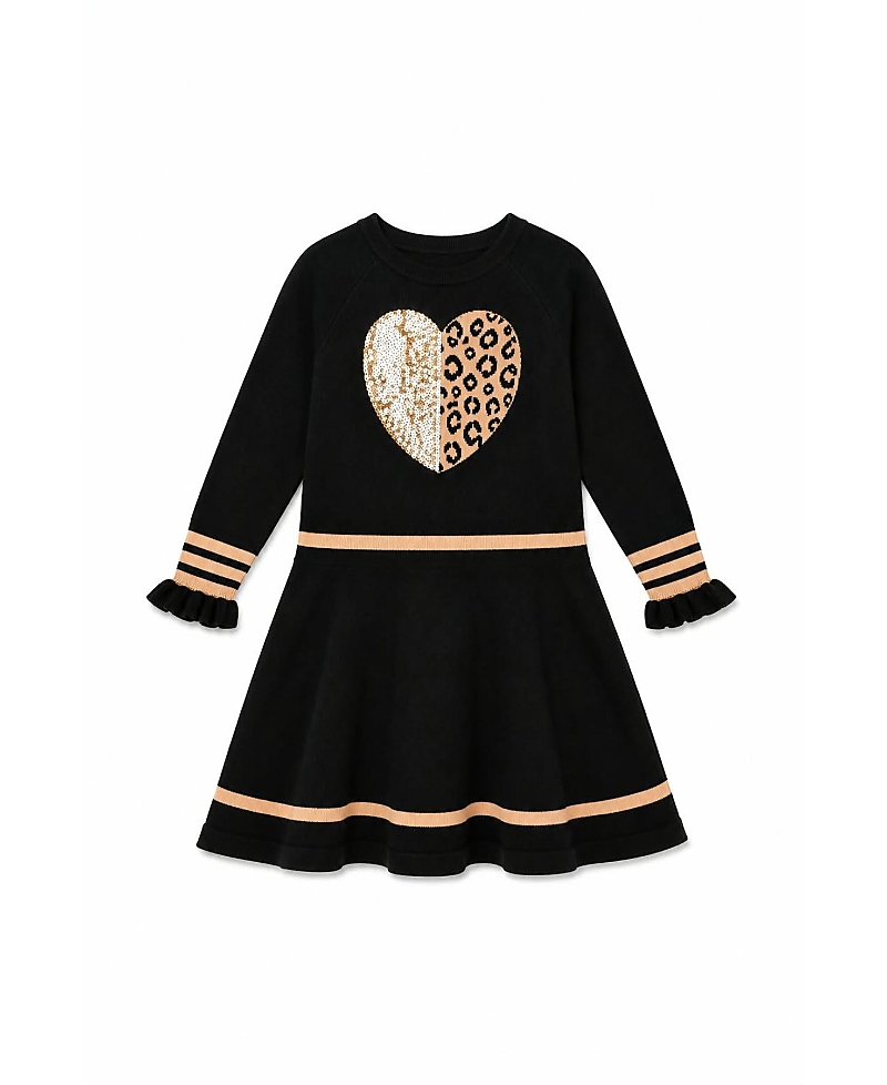 Deux par Deux Girls' Heart Graphic Ruffle Cuff Pleated Knit Dress - Big Kid