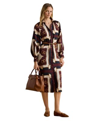 Equestrian Print Twill Midi Shirt Dress