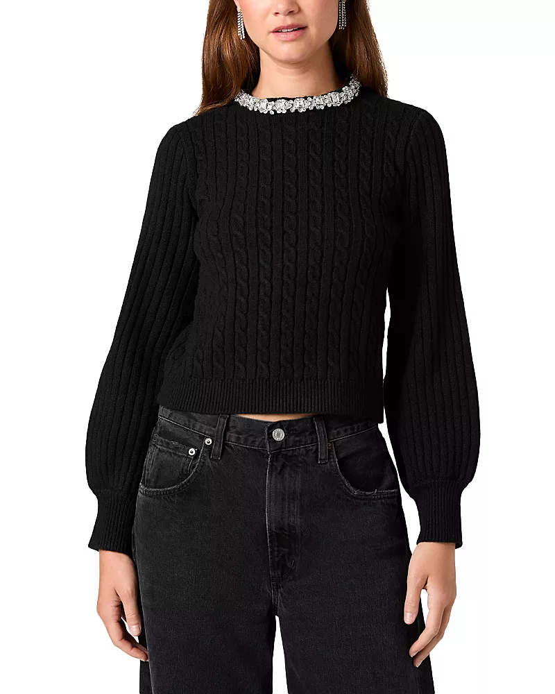 French Connection Avea Embellished Neck Cable Knit Sweater