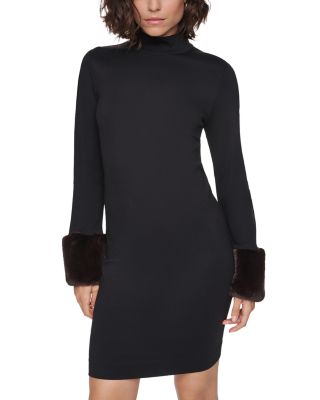 Faux Fur Cuff Mock Neck Dress