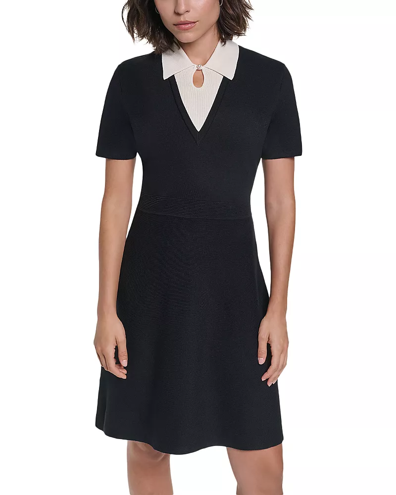 Karl Lagerfeld Paris Short Sleeve Collared Sweater Dress
