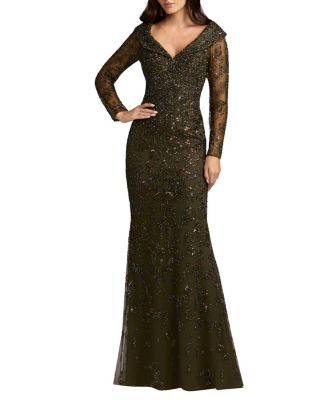 Mac Duggal Portrait Collar Long Sleeve Embellished Gown