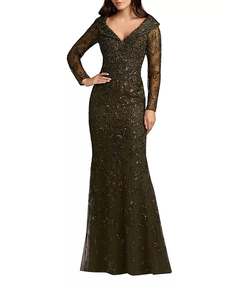 Mac Duggal Portrait Collar Long Sleeve Embellished Gown