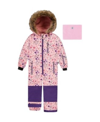 Girls' Play Flower Faux Fur Hood & Expandable Sleeve One Piece Snowsuit - Little Kid