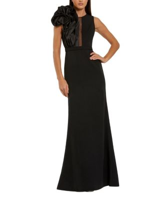 High Neck Sleeveless Crepe Gown With Satin Ruffle