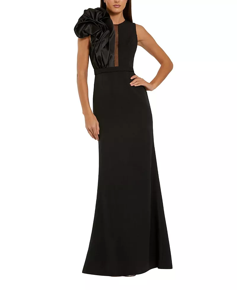 Mac Duggal High Neck Sleeveless Crepe Gown With Satin Ruffle