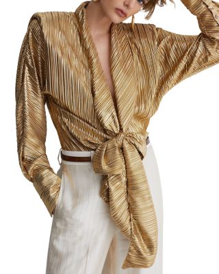 Metallic Tie Front Pliss&eacute; Top