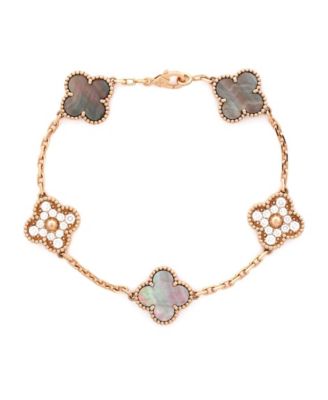 Vintage Alhambra 5 Motifs Bracelet 18K Rose Gold and Mother of Pearl with Diamonds