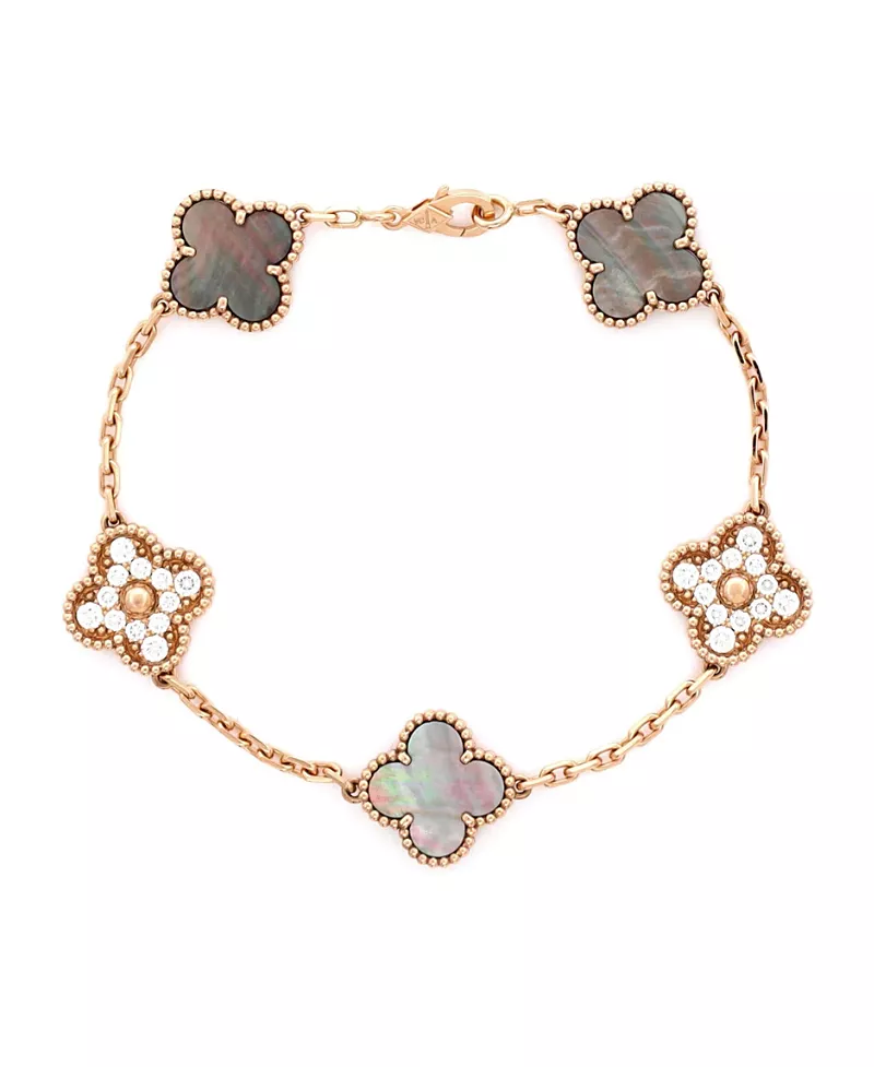 Pre-Owned Van Cleef & Arpels Vintage Alhambra 5 Motifs Bracelet 18K Rose Gold and Mother of Pearl with Diamonds