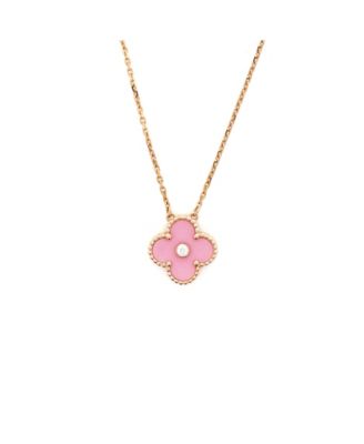Vintage Alhambra Pendant Necklace 18K Rose Gold and Pink Sevres Porcelain with Diamond, 16.5"