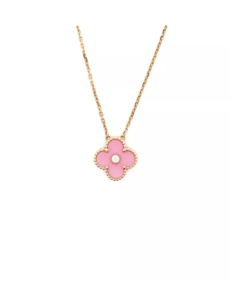 Pre-Owned Van Cleef & Arpels Vintage Alhambra Pendant Necklace 18K Rose Gold and Pink Sevres Porcelain with Diamond, 16.5