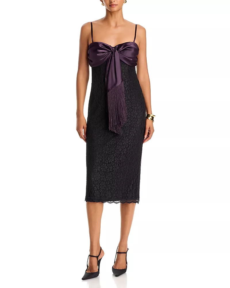 Aqua Metallic Lace Satin Fringe Midi Dress - Exclusive