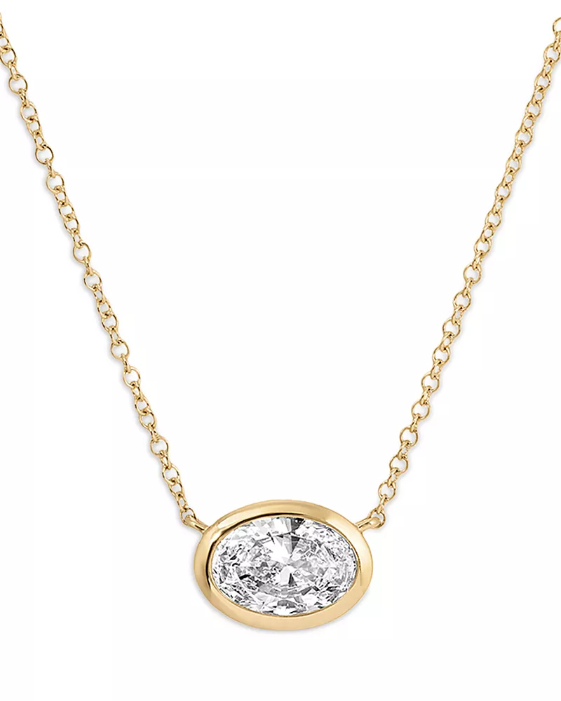 Ef Collection 14K Yellow Gold Lab Grown Diamond Oval Floating Bezel Pendant Necklace, 1.0 tcw