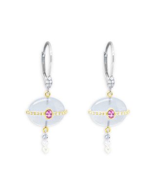 14K Yellow & White Gold Chalcedony, Pink Sapphire & Diamond Drop Earrings