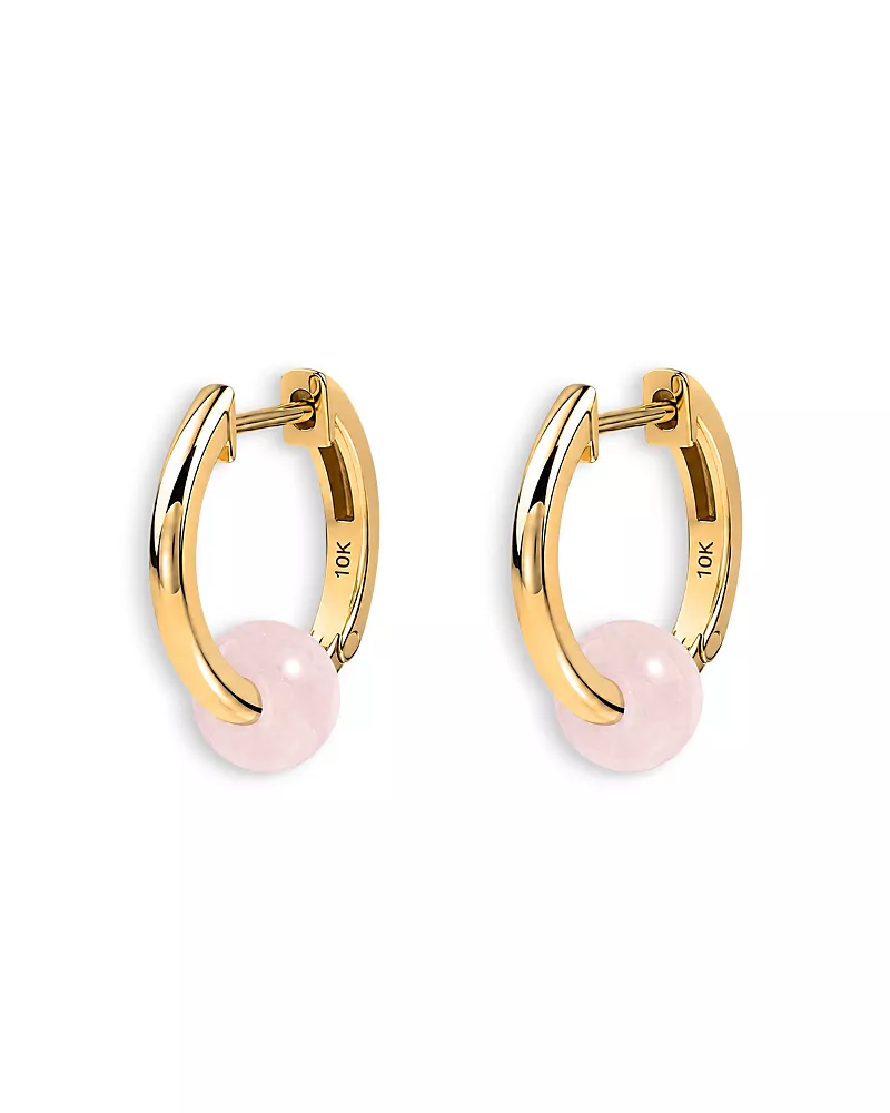 Moon & Meadow 10K Yellow Gold Rose Quartz Bead Huggie Hoop Earrings