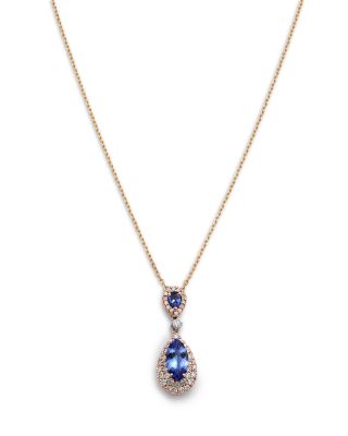 Diamond & Tanzanite Double Drop Pendant Necklace in 14K White Gold, 0.55 tcw