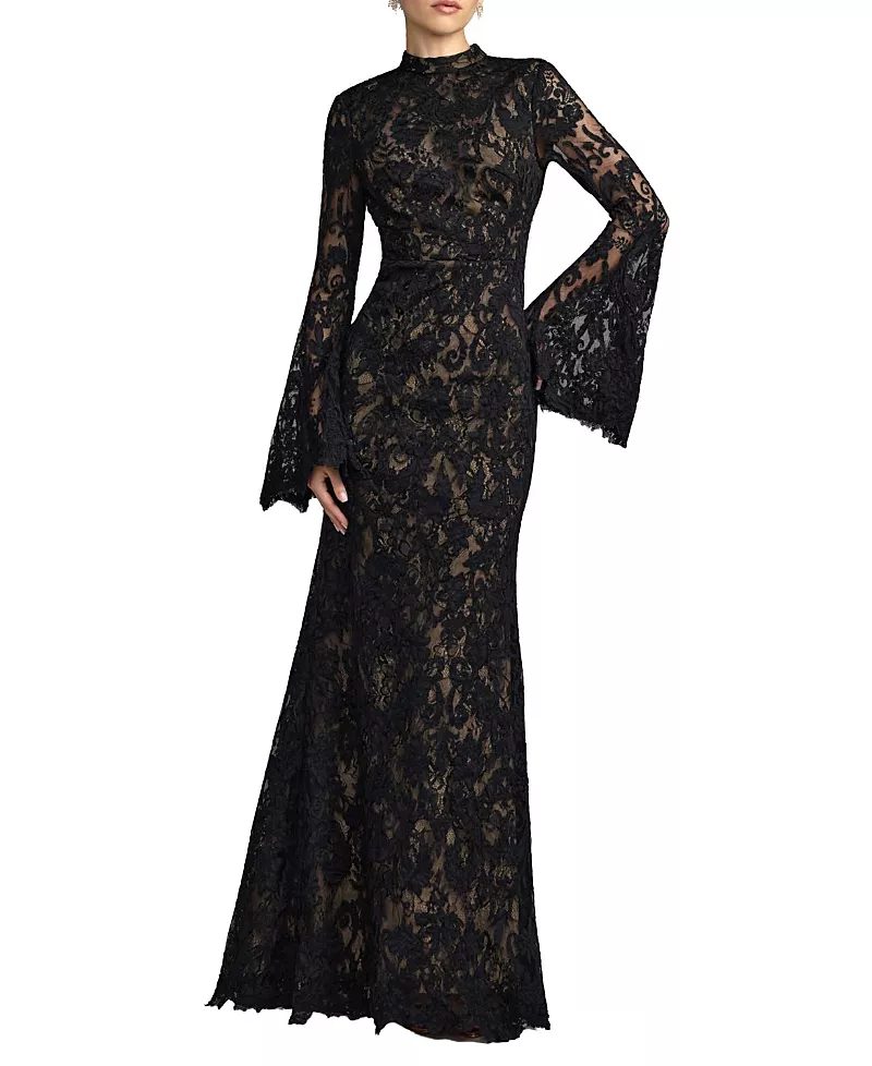 Mac Duggal Petite White Mock Neck Long Sleeve Lace Gown