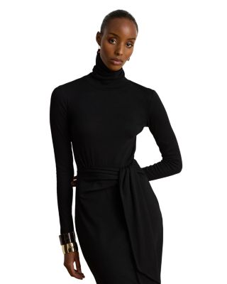 Tie Front Rib Knit Turtleneck Dress