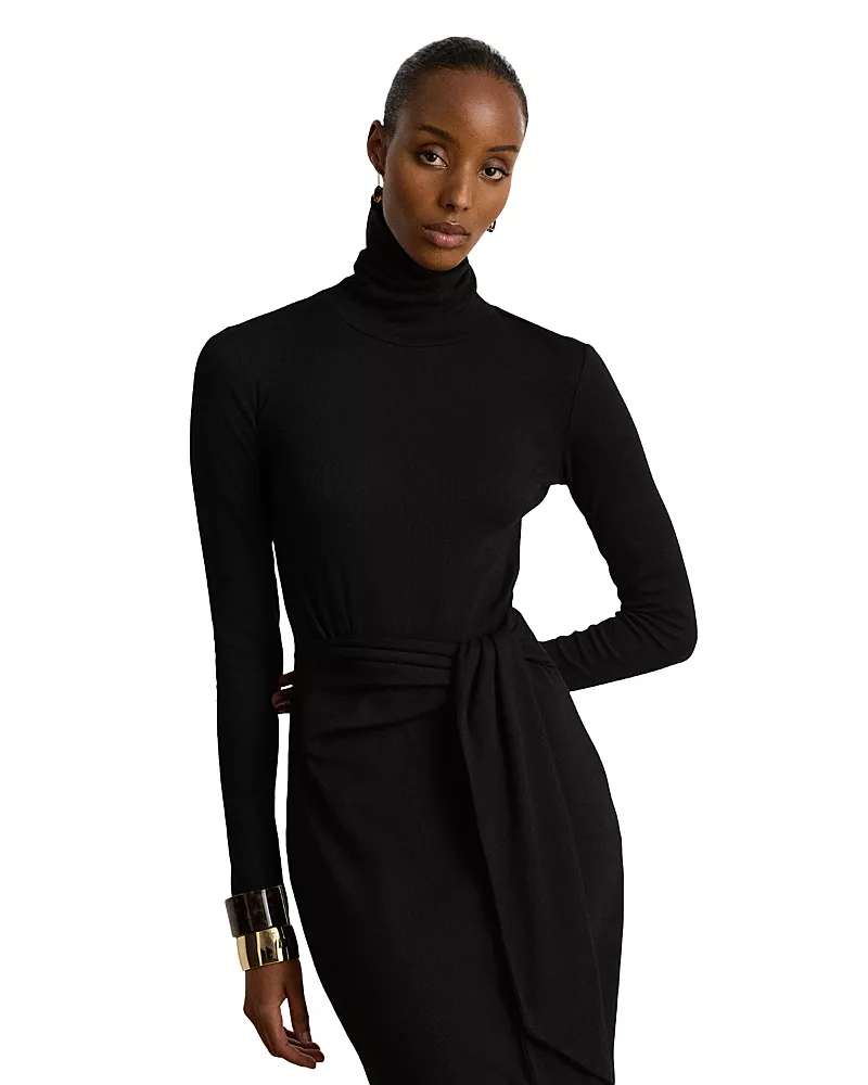 Lauren Ralph Lauren Tie Front Rib Knit Turtleneck Dress