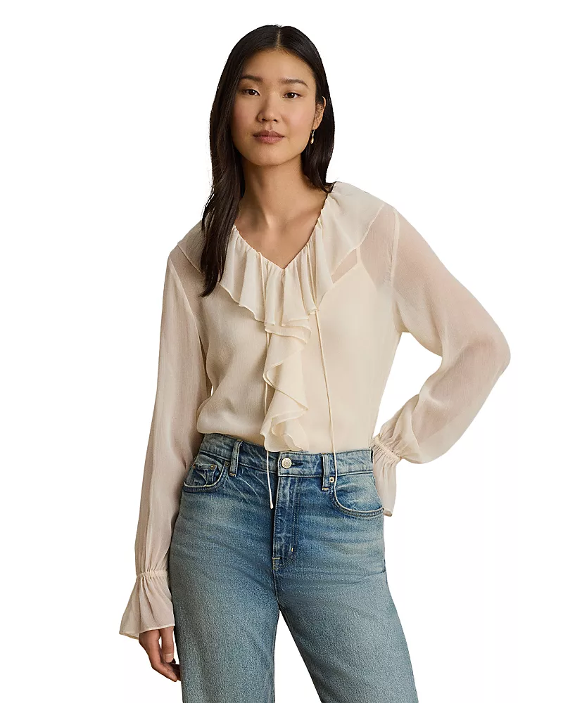 Lauren Ralph Lauren Crinkle Georgette Ruffle Trim Blouse