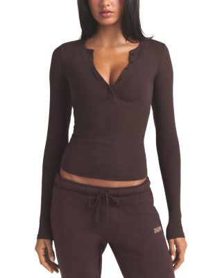 Ribbed Cotton Blend Henley Top