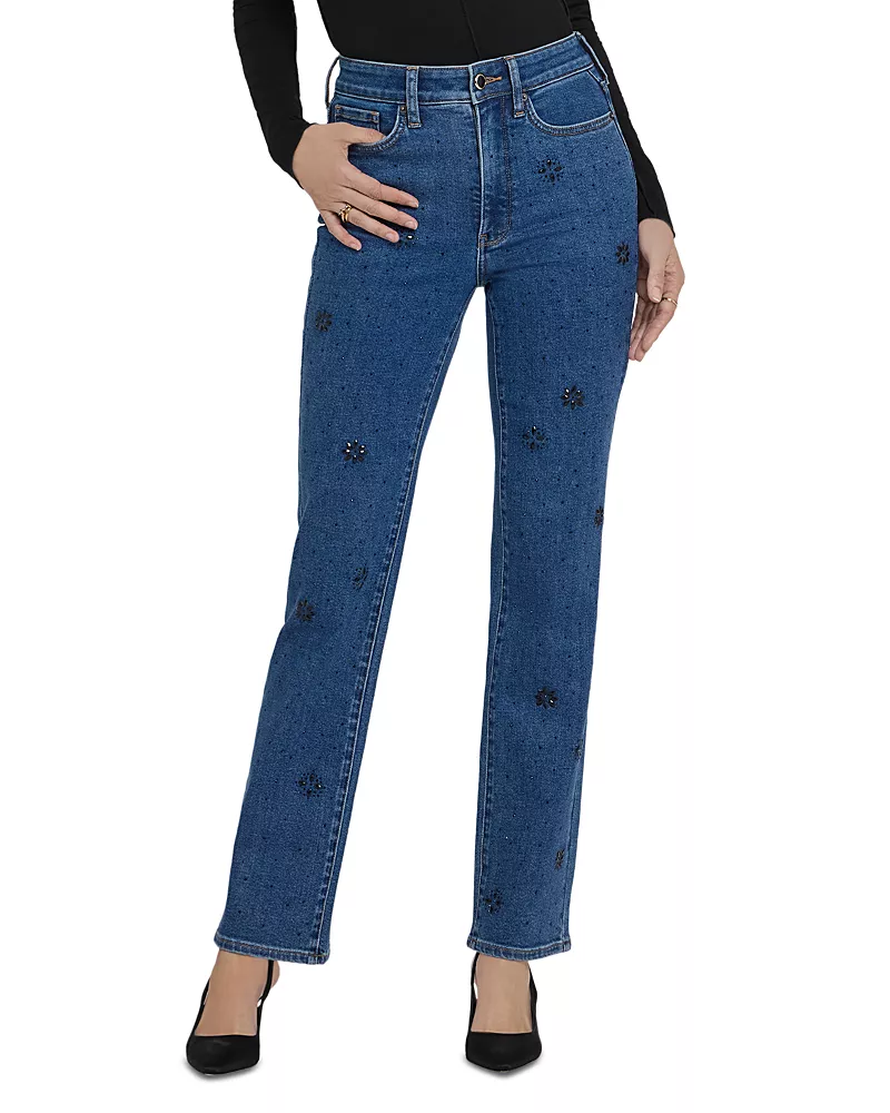 Nydj Marilyn High Rise Floral Stone Detail Straight Jeans in Hosta