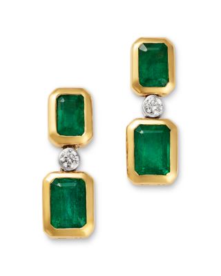 Emerald & Diamond Bezel Drop Earrings in 14K Yellow Gold