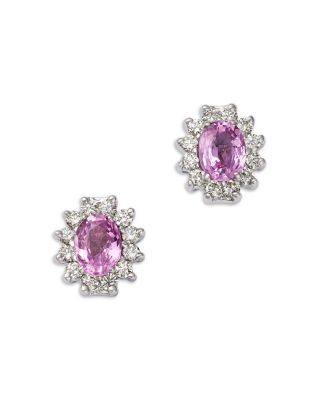 Pink Sapphire & Diamond Oval Earrings in 14K White Gold