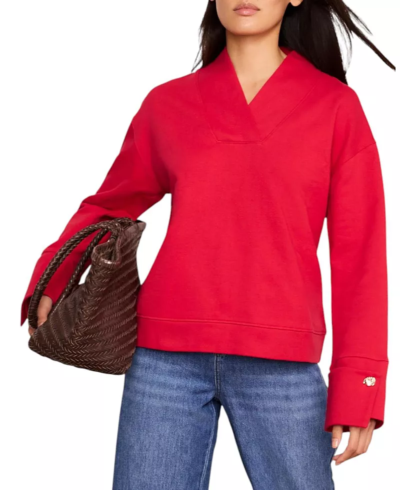 Mint Velvet Women's Cotton V-Neck Button Detail Sweatshirt