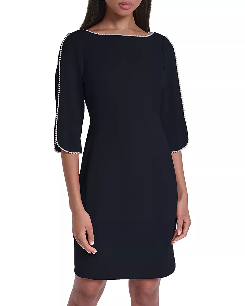 Karl Lagerfeld Paris Faux Pearl Trim Boat Neck Three Quarter Sleeve Sheath Dress
