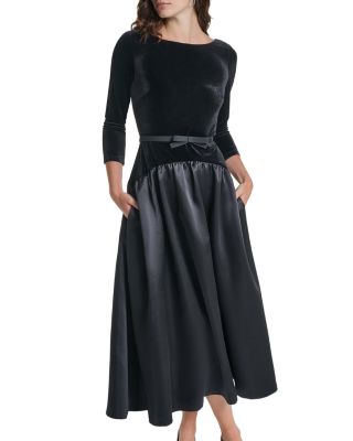 Stretch Velvet Satin Bow Midi Dress