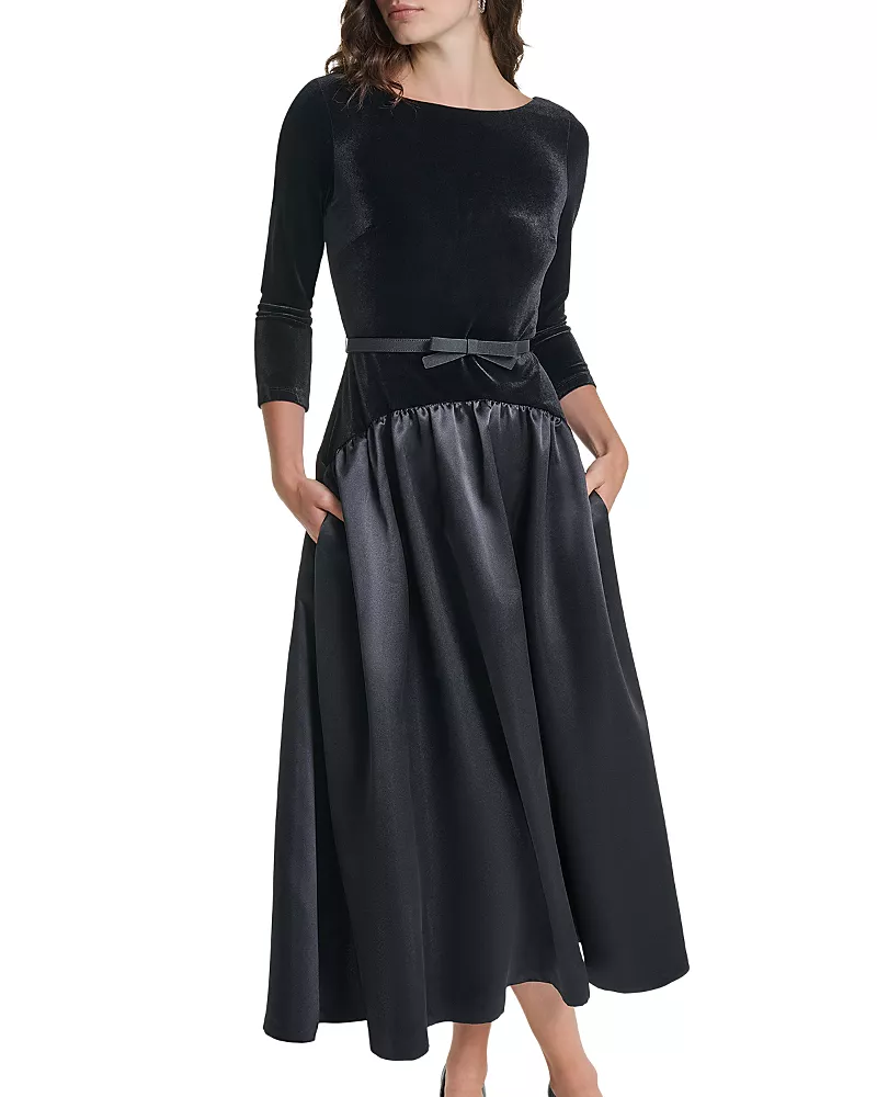 Karl Lagerfeld Paris Stretch Velvet Satin Bow Midi Dress