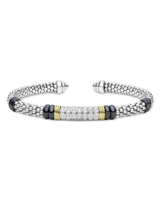Lagos Sterling Silver & 18K Yellow Gold Black Caviar Ceramic & Diamond Cuff Bracelet