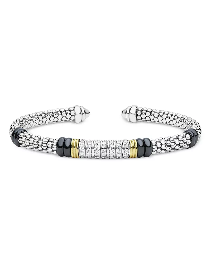 Lagos Sterling Silver & 18K Yellow Gold Black Caviar Ceramic & Diamond Cuff Bracelet