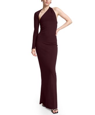  Manhattan Halter One-Shoulder Open-Back Gown