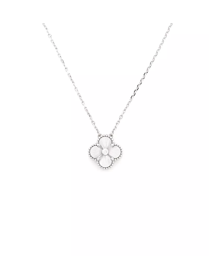 Pre-Owned Van Cleef & Arpels Vintage Alhambra Pendant Necklace Guilloche 18K White Gold with Diamond, 16.25