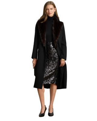Faux Fur Trim Double Breasted Crepe Coat