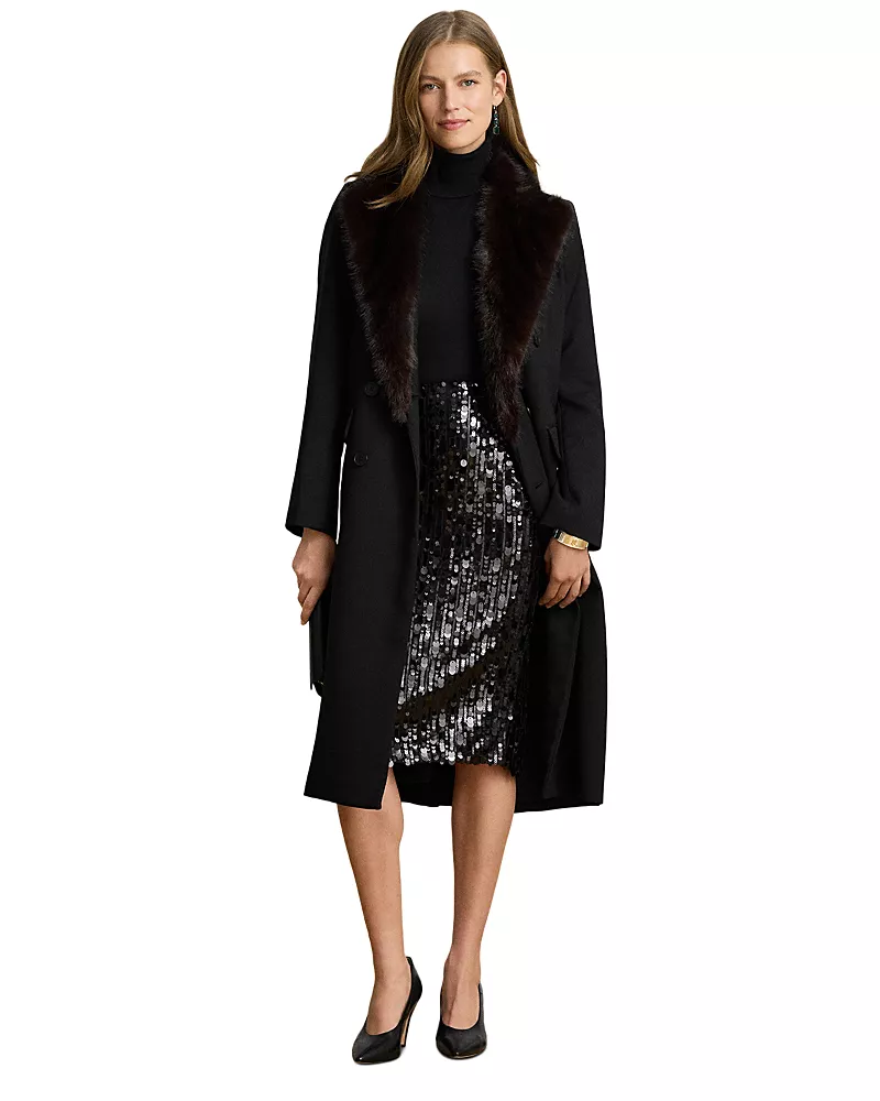 Lauren Ralph Lauren Faux Fur Trim Double Breasted Crepe Coat