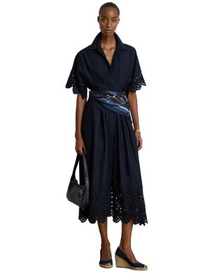 Pleated Eyelet Cotton Poplin Shirtdress