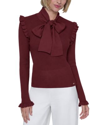 Tie Neck Rib Knit Sweater