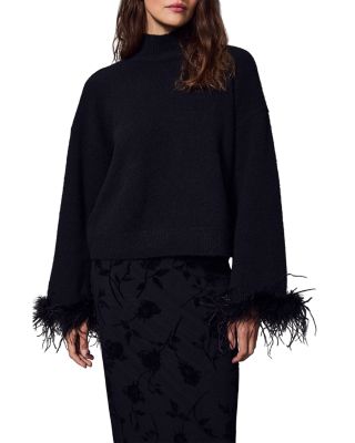 Feather Trim Mock Neck Sweater