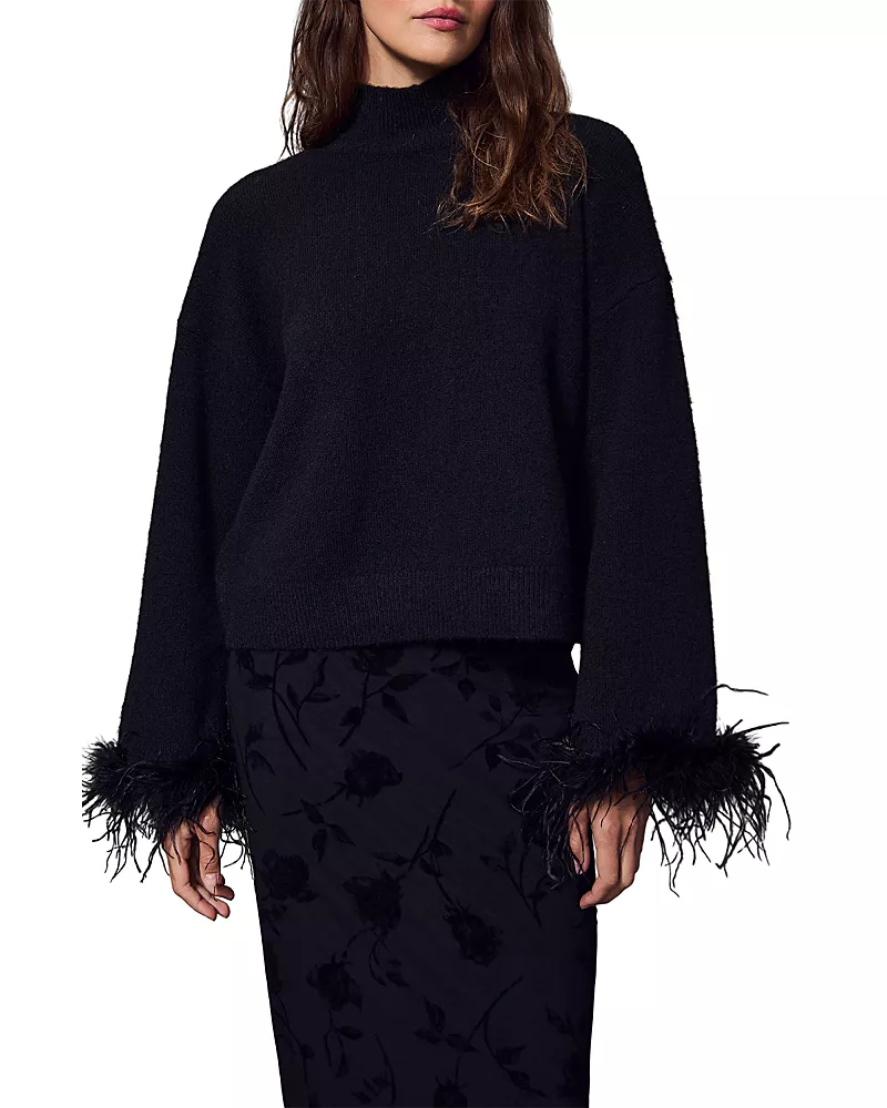 Sanctuary Feather Trim Mock Neck Sweater