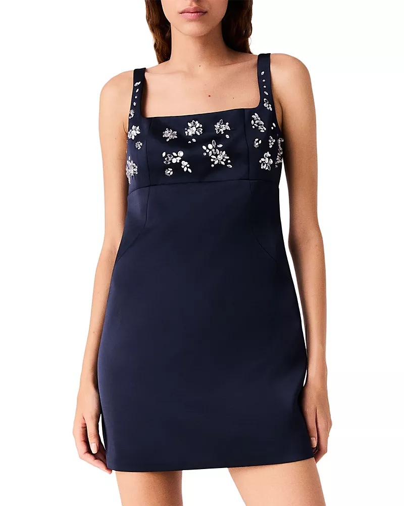 Maje Rhinestone Embroidered Square Neck Mini Dress