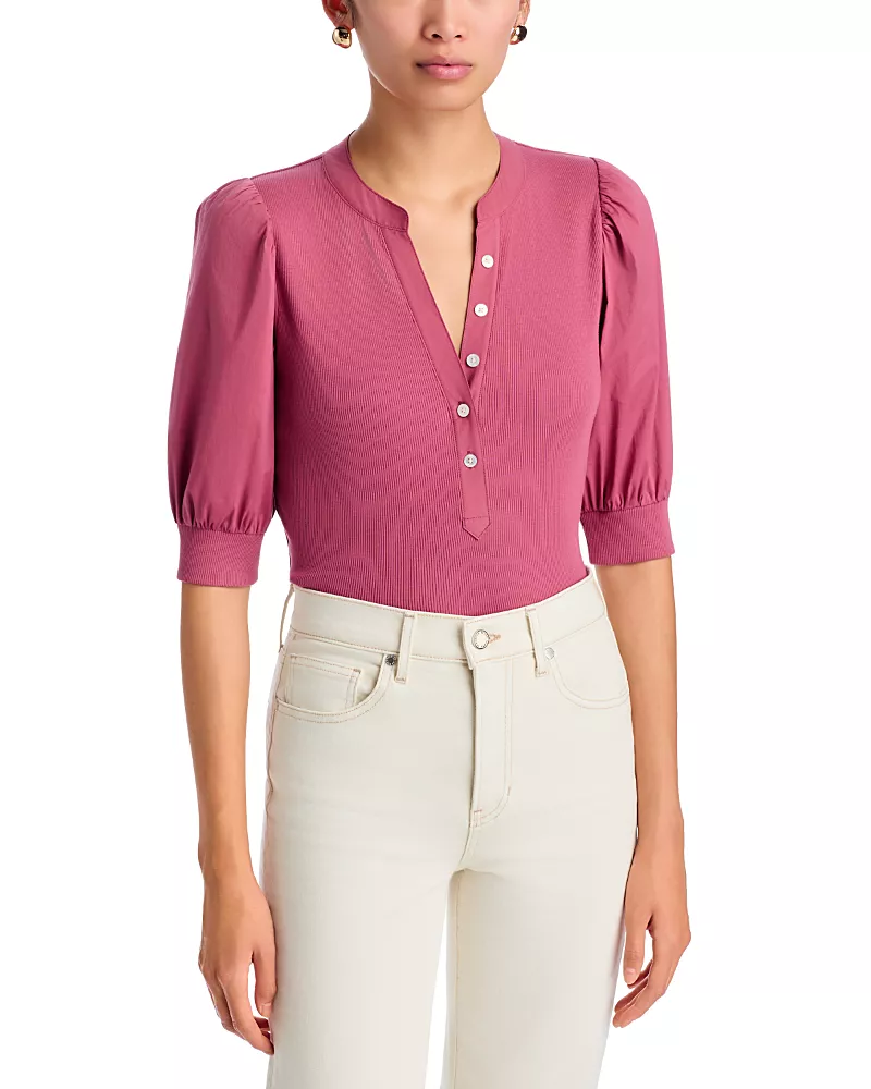 Veronica Beard Coralee Puff Sleeve Ribbed Top