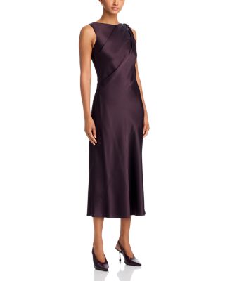 Twist Shoulder Satin Midi Dress