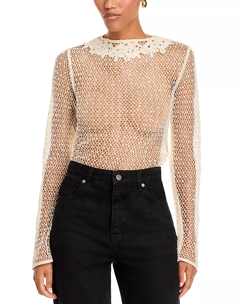 Frame Mesh Glimmer Long Sleeve Sheer Top
