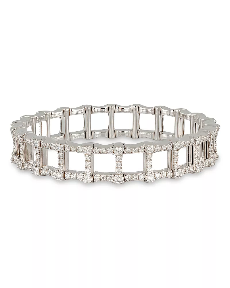 Zydo 18K White Gold Stretch Diamond Bamboo Inspired Link Stretch Bangle Bracelet, 4.76 tcw